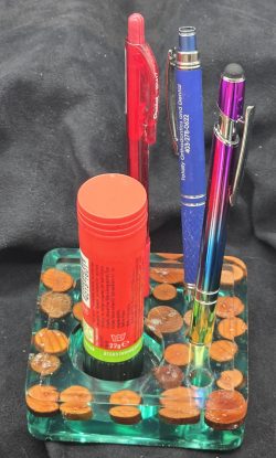 Schreibzeughalter "Holzruggeli" Türkis /Transparent